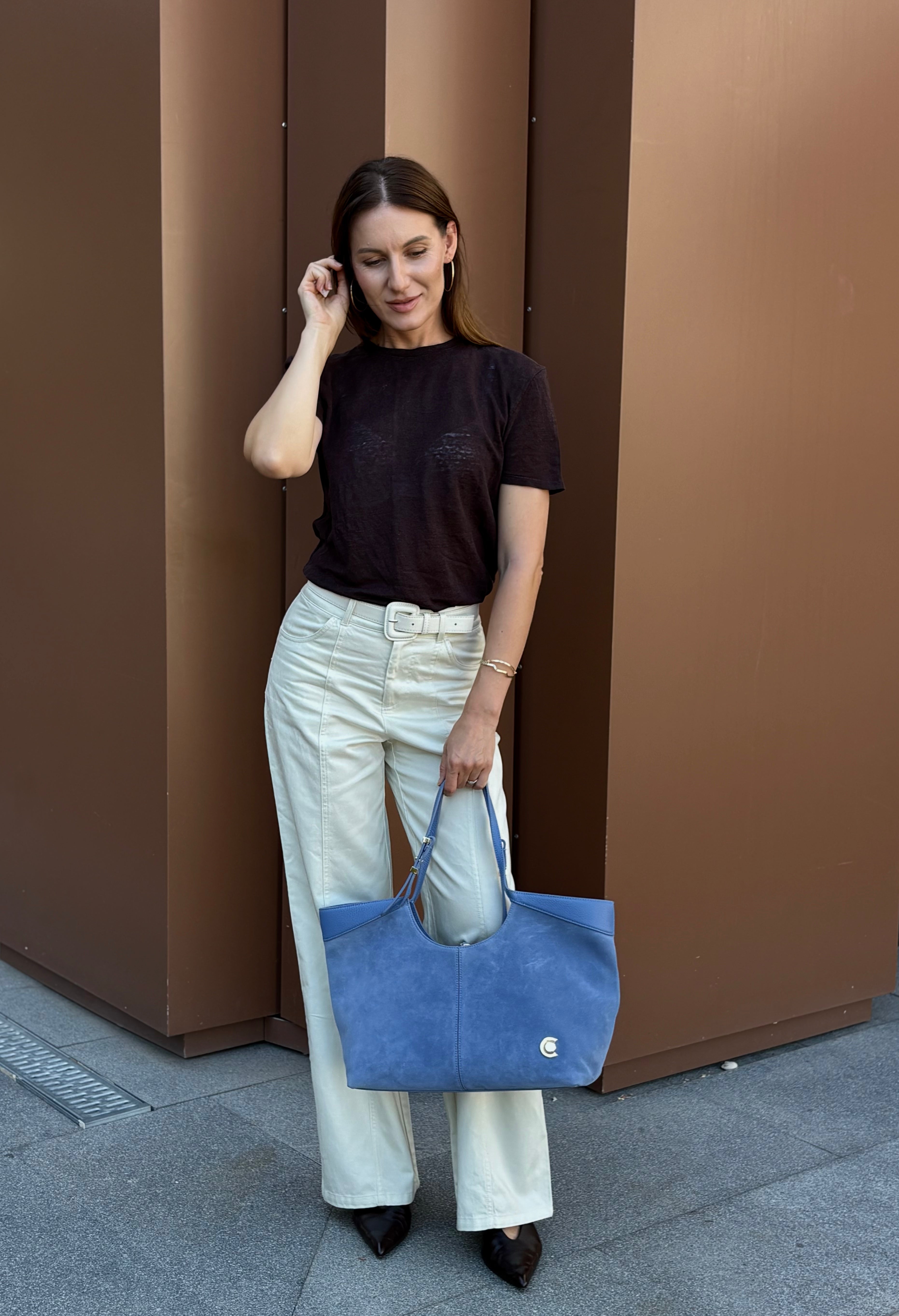 Geantă Tote Coccinelle Babe din Piele Întoarsă – Albastru