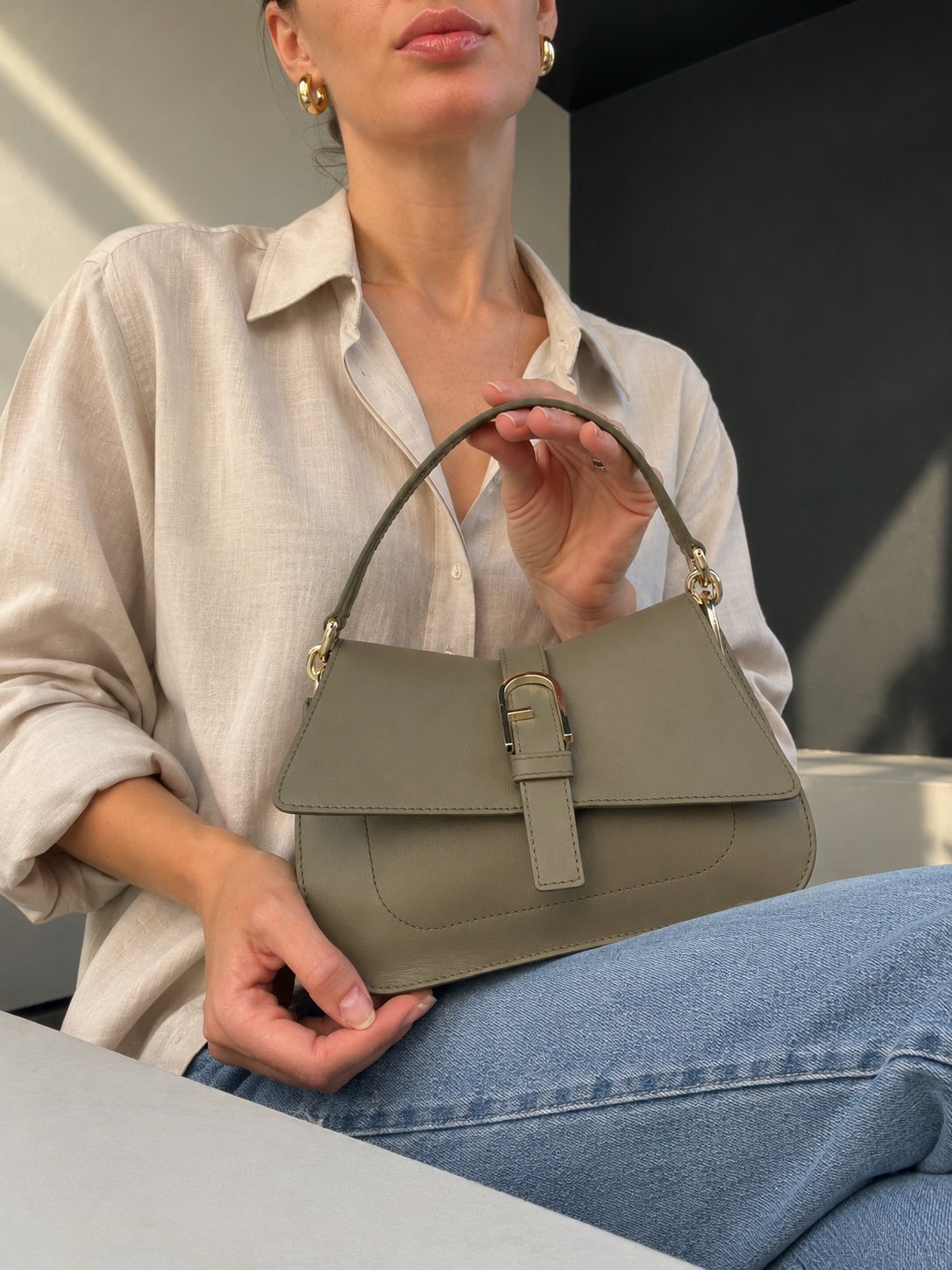 Geantă de Umăr Furla Flow Small din Piele Naturală – Kaki