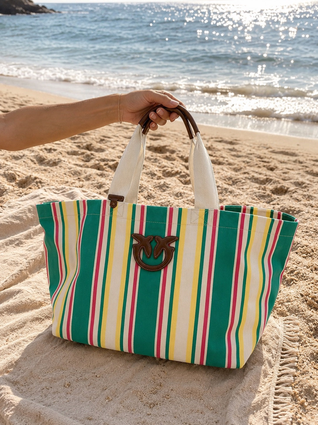 Geantă Tote Canvas Dungi Verde – Pinko