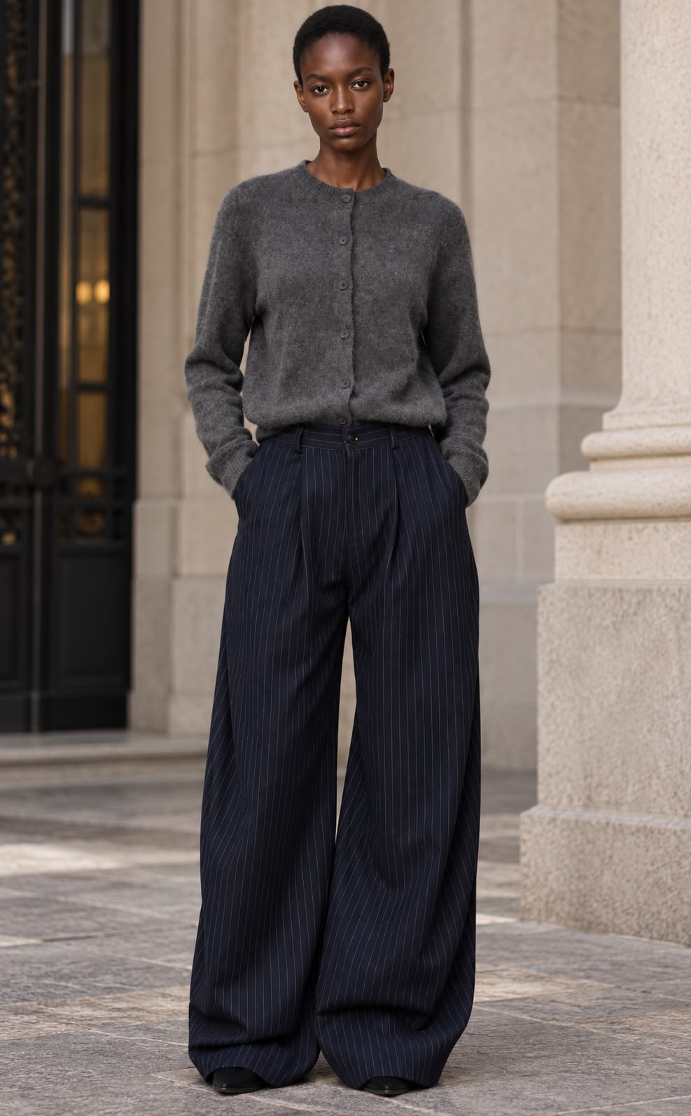 Pantalon din amestec de lana, cu dungi fine Lumina