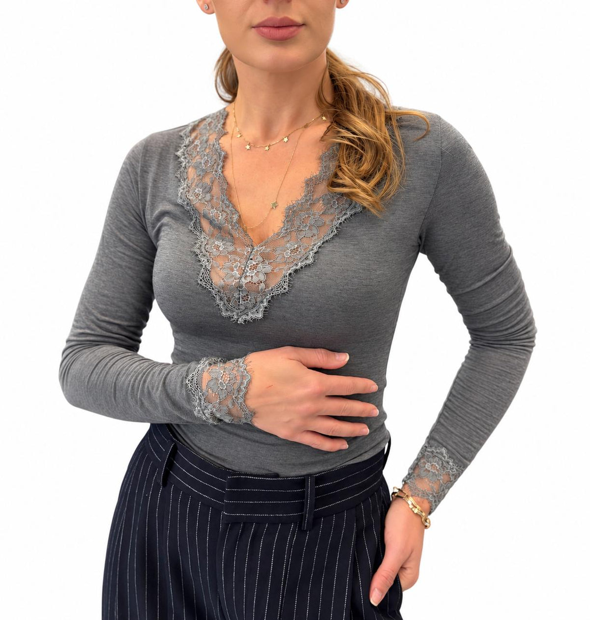 Bluza din casmir gri cu dantela Lumina