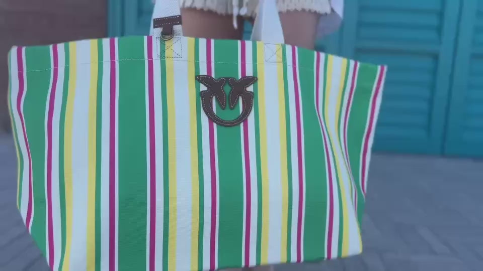 Geantă Tote Canvas Dungi Verde – Pinko